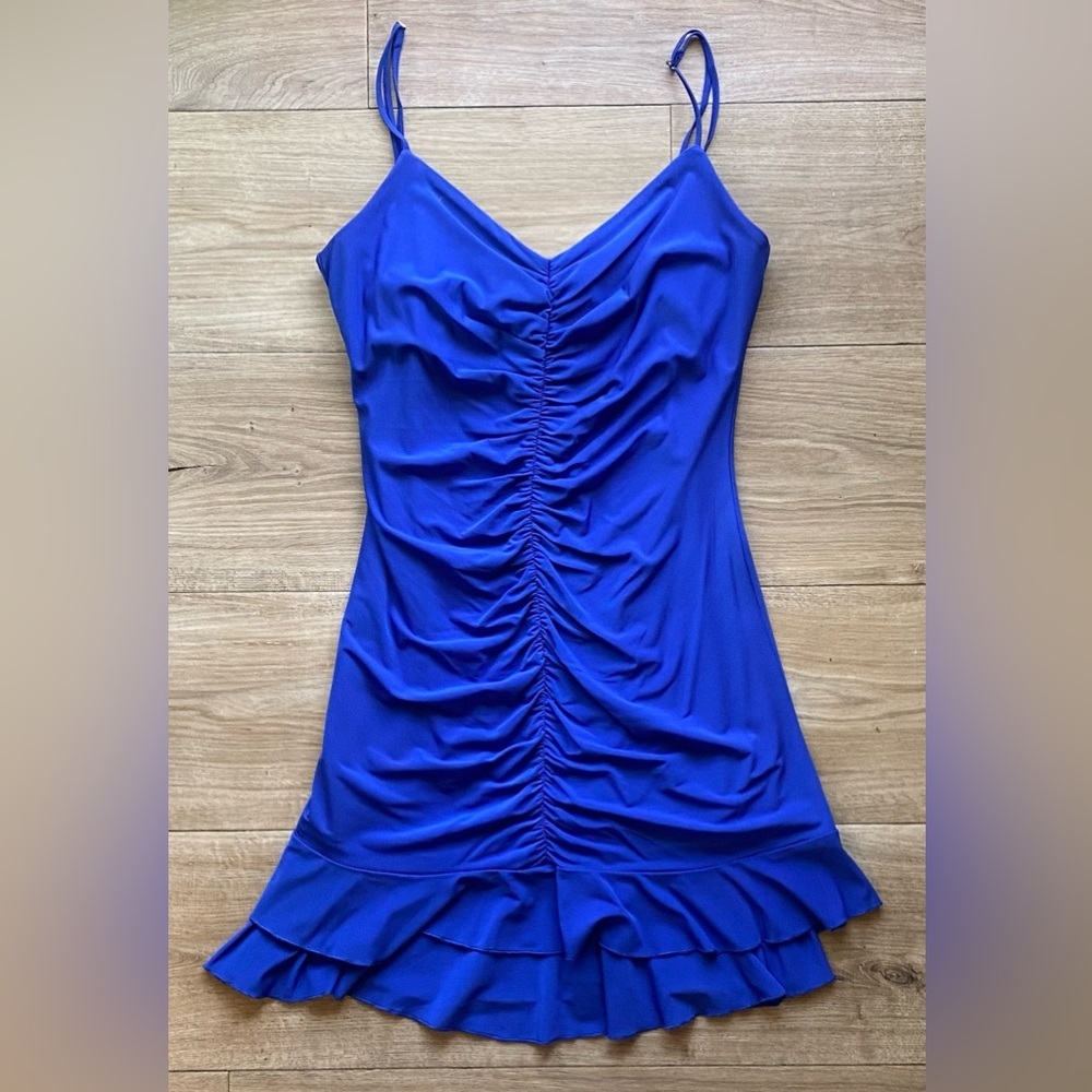 BCBGMaxAzria Ruched Blue Spaghetti Strap Dress